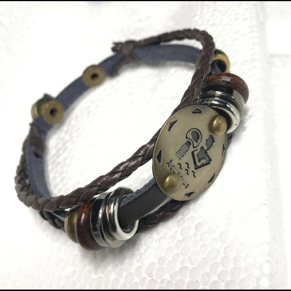 Leather bracelet Aquarius Zodiac with charms